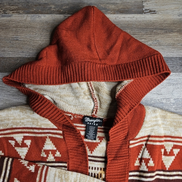 Wrangler Retro Cardigan With Hood Belt Size Large Oatmeal Aztec Print Western - Picture 5 of 13